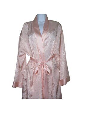 Hidden Fantasies Pink Satin Floral Kimono Robe Womens M Pockets Belted